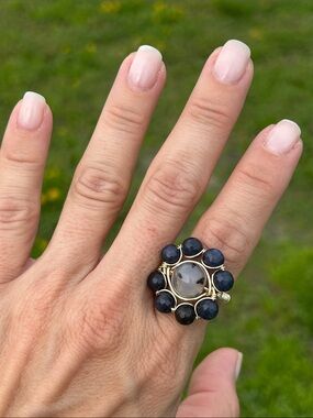 Gold-Tone Statement Ring with Black Beads and Gray Center Stone